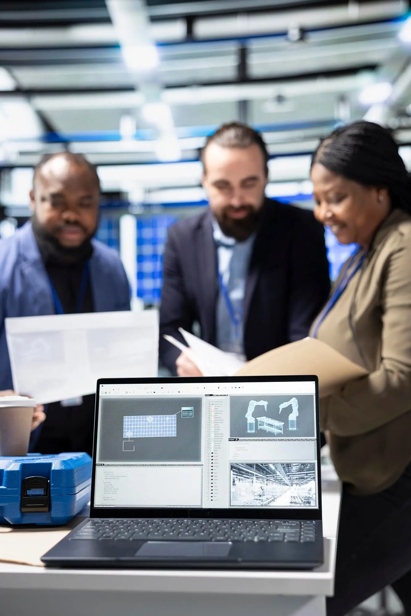 Engineers and a building contractor overseeing solar panel systems