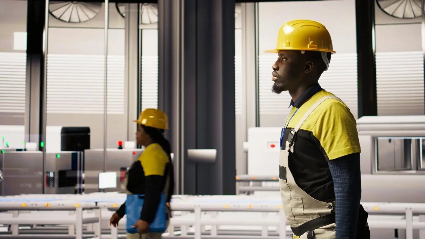 A man walking through an Industry 4.0 plant, noting modifications to implement while providing technical support.