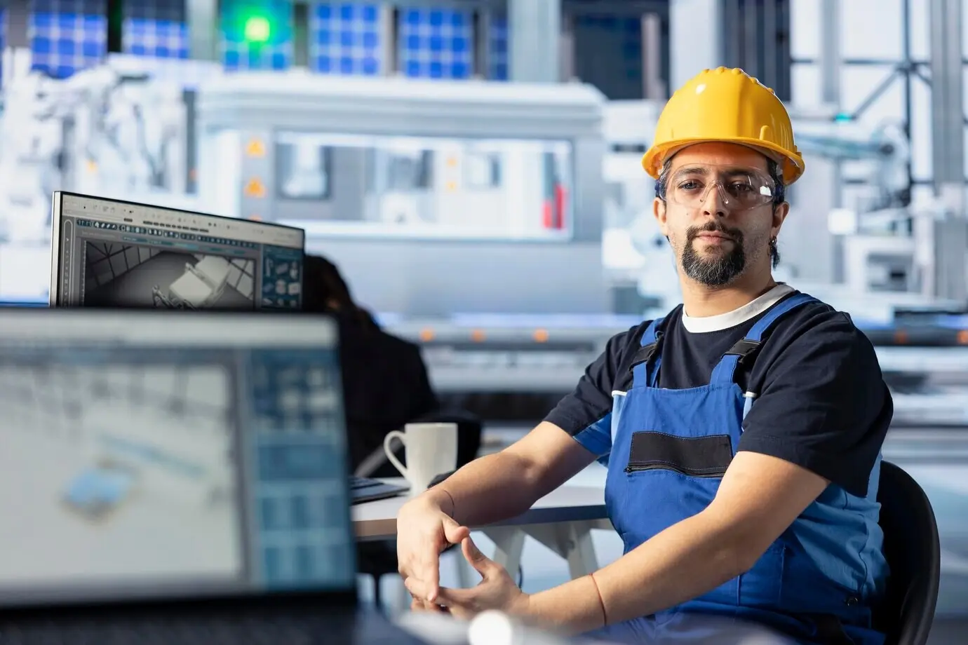 Portrait of an engineer at a photovoltaics factory analyzing data on a PC screen.