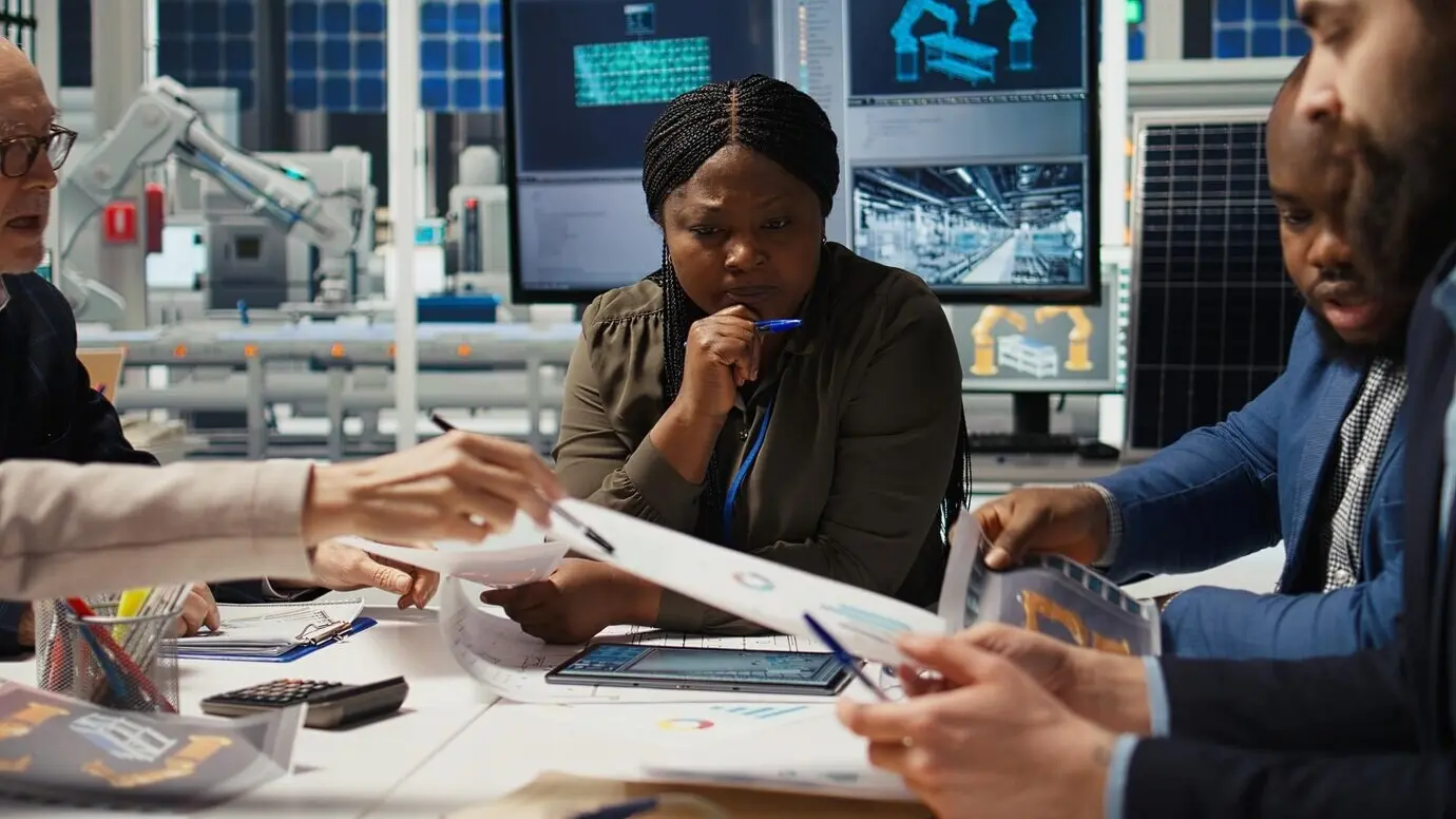 Shareholders of a solar panel plant talk about the company's growth and market expansion.