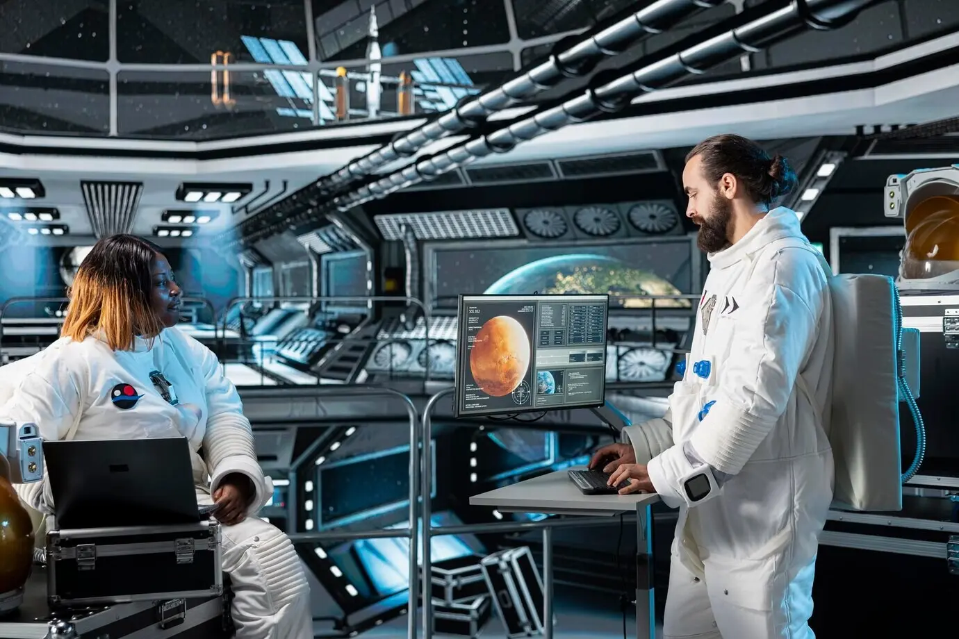 Cosmonaut analyzing data on a monitor before a Mars expedition