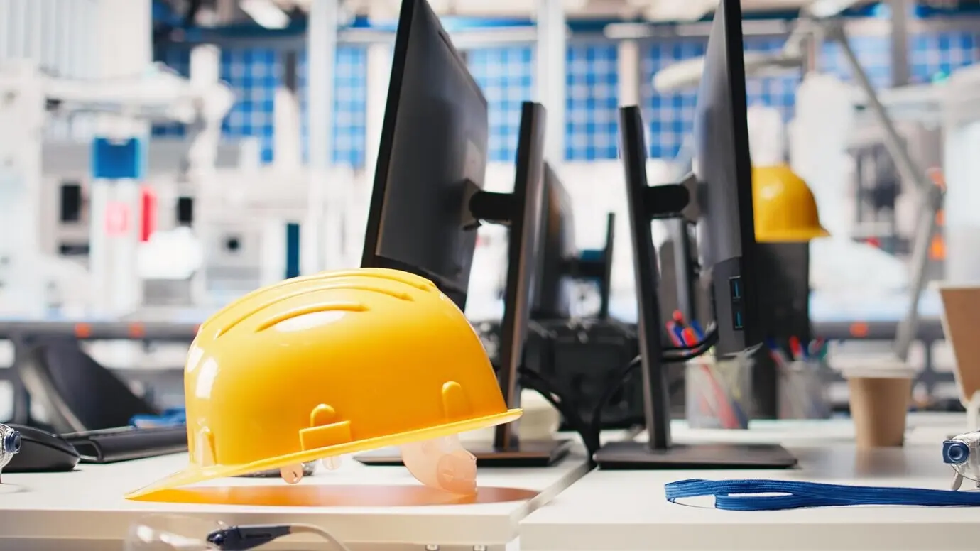 A computer monitor in a solar panel manufacturing facility used to study solar energy systems, with the PC screen turned on.