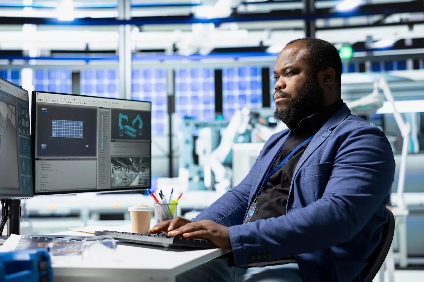 A professional energy consultant in a factory environment reviews data.